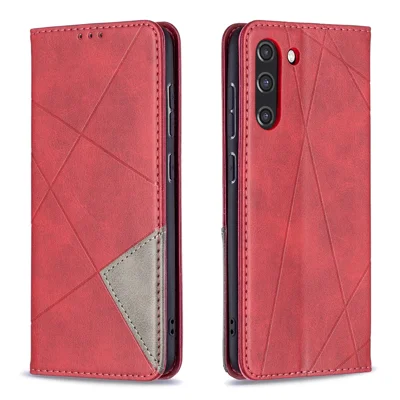Futeral z motywem geometrycznym z kieszeniami na karty i podstawką, skórzana obudowa z TPU i imitacją skóry, czerwony, do Samsung Galaxy S21 FE 5G