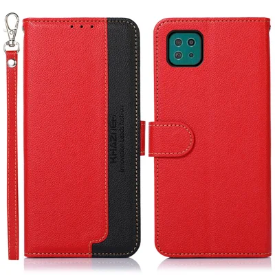 KHAZNEH Litchi Skin Leather Phone Shell Wallet Stand Design Case with RFID Blocking Anti-theft Swiping Design for Samsung Galaxy A22 5G (EU Version) - Red