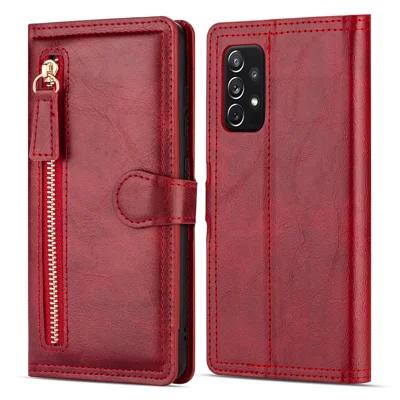 For Samsung Galaxy A52 5G/4G / A52s 5G Zipper Pocket Wallet Magnetic Closure Leather Cover - Red