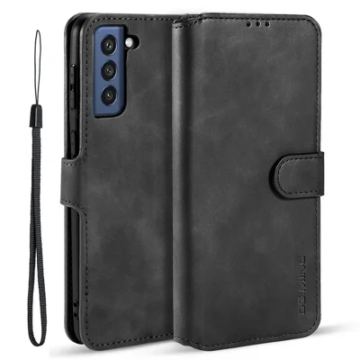 DG.MING Retro Style Full-Protection Leather Wallet Stand Phone Case Cover for Samsung Galaxy S21 FE - Black