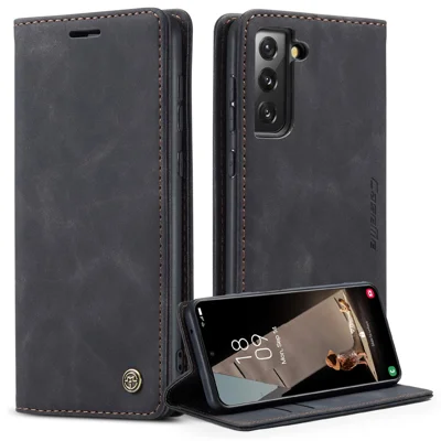 CASEME 013 Series For Samsung Galaxy S21 FE Wallet Stand Cover Automatic Suction Leather Case - Black