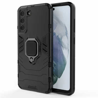 2-in-1 PC TPU Cool Guard Hybrid Cover Well-Protected Case with Ring Holder Kickstand for Samsung Galaxy S21 FE - Black