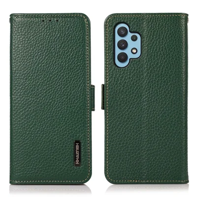 KHAZNEH Litchi Texture RFID Blocking Shockproof Leather Case Wallet Stand Cover for Samsung Galaxy A32 4G (EU Version) - Green