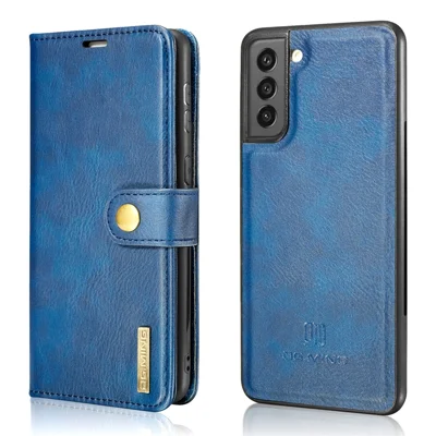 DG.MING for Samsung Galaxy S21 FE Detachable 2-in-1 Split Leather Wallet Case Stand Folio Magnetic Phone Cover - Blue