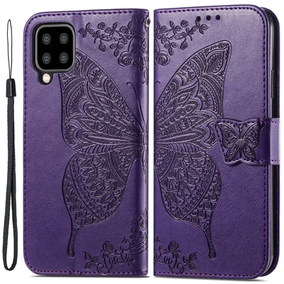 Big Butterfly Imprinting Leather Stand Design Phone Wallet Shell for Samsung Galaxy A22 4G (EU Version) - Dark Purple
