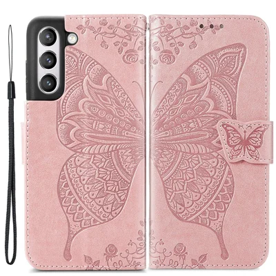 Carteira Design Big Butterfly Imprinting Couro Shell Com Suporte Para Samsung Galaxy S21 Fe - Rosa Ouro