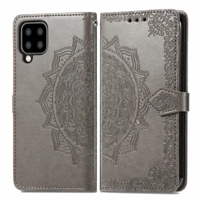 Präglad mandala blomma av PU-läder med ställfunktion och plånbok för Samsung Galaxy A22 4G (EU-version) - Grå