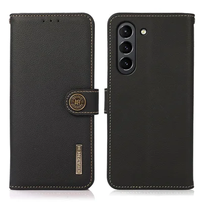 KHAZNEH RFID Anti-theft Swiping Design Anti-Fall Genuine Leather Wallet Phone Case Stand for Samsung Galaxy S21 FE - Black