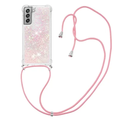 Płynny, lśniący, brokatowy etui TPU z paskiem na telefon Samsung Galaxy S21 FE/S21 Fan Edition – różowe gwiazdki