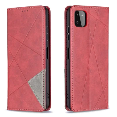 Geometric Pattern Stand Leather Case Card Holder Shell for Samsung Galaxy A22 5G (EU Version) - Red