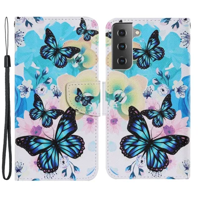 Patroonbedrukte volledige bescherming lederen portemonnee standaard telefoonhoesje voor Samsung Galaxy S21 FE - Blauwe Vlinders