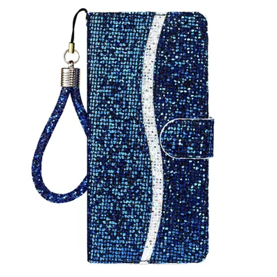 Glittery Powder Splicing Leather Wallet Stand Phone Case with Hand Strap for Samsung Galaxy A22 4G (EU Version) - Blue