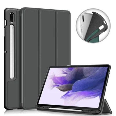 Dreifach-faltbare Standhülle aus TPU und PU-Leder mit Stiftschlitz für Samsung Galaxy Tab S7 FE T736 / Tab S7+ / Tab S8+ – Grau