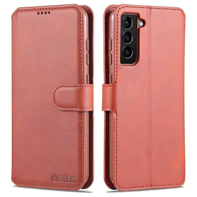 AZNS Leather Shell Cell Phone Wallet Stand Cover Case for Samsung Galaxy S21 FE - Brown