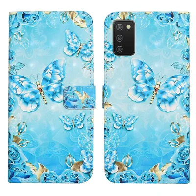 3D Schattige Patroonbedrukte Portemonnee PU Leren Portemonneehoes Flip Folio Stand Weergave voor Samsung Galaxy A02s (164,2 mm) / M02s - Blauw / Gouden Vlinder