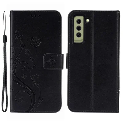 Butterflies and Flower Imprinted Leather Wallet Stand Design Case for Samsung Galaxy S21 FE - Black