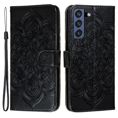 Imprint Henna Mandala Flower Pattern Lanyard Protective Soft PU Leather Cover Case for Samsung Galaxy S21 FE - Black