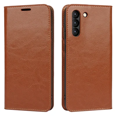 Crazy Horse Genuine Leather Protective Wallet Phone Case with Stand for Samsung Galaxy S21 FE - Brown
