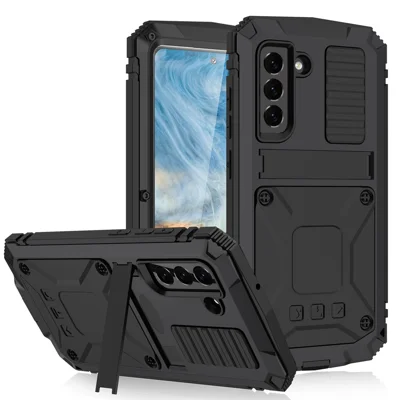 Shock Absorbing Defender Heavy Full Body Back Cover Kickstand Carrying Hard PC + Soft TPU Armor Case for Samsung Galaxy S21 FE - Black