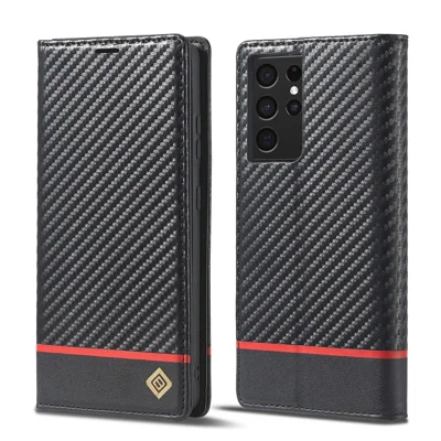LC.IMEEKE Carbon Fiber Texture Magnetic Horizontal Flip PU Leather Stand Case for Samsung Galaxy S21 Ultra 5G - Red Horizontal Line