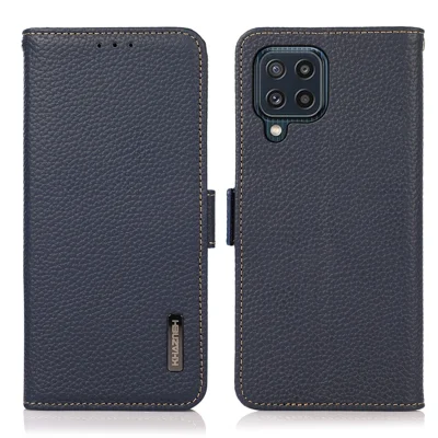 KHAZNEH RFID-skyddande designplånbok i äkta läder med lösvädersstruktur till Samsung Galaxy M32 (global version) - Mörkblå