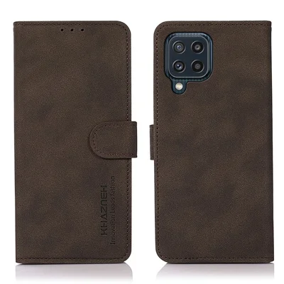 KHAZNEH Drop-proof PU-läder mobilplånbok med ställfunktion till Samsung Galaxy M32 (Global version) - Brun