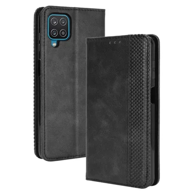 Retrostilat magnetisk stängningsläderväska med telefonställ för Samsung Galaxy M32 (global version) - Svart