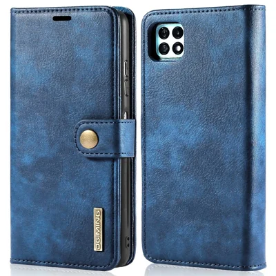 DG.MING Split Leather Wallet Design Detachable 2-in-1 Phone Case Shell for Samsung Galaxy A22 5G (EU Version) - Blue
