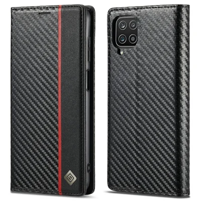 LC.IMEEKE Carbon Fiber Texture PU Leather Phone Case Shell with Stand Wallet for Samsung Galaxy A22 4G (EU Version) - Vertical Red Stripe