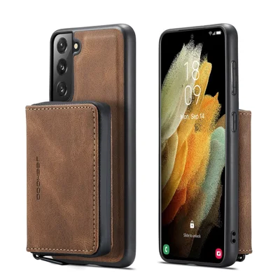 JEEHOOD Magnetic Detachable Zippered Wallet Fine Quality Leather Hybrid Case with Kickstand for Samsung Galaxy S21 FE/S21 Fan Edition - Brown