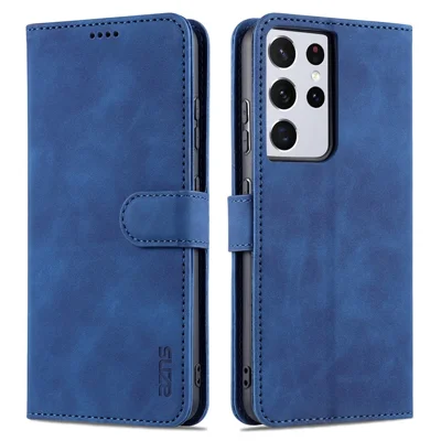 AZNS  Wallet Design PU Leather All-round Protection Phone Stand Cover Case for Samsung Galaxy S21 Ultra 5G - Blue