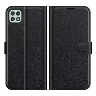 Folio Flip Litchi Skin Drop-Proof Leather Wallet Design Leather Case Stand Cover for Samsung Galaxy A22 5G (EU Version) - Black