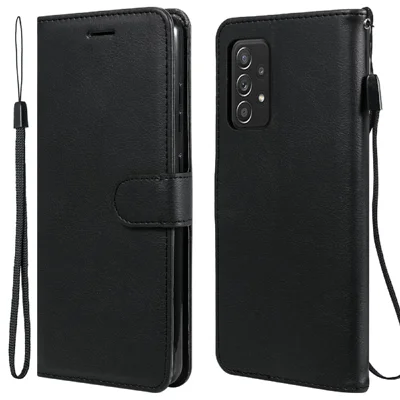 For Samsung Galaxy A52 4G / A52 5G / A52s 5G Case Solid Color Leather Mobile Cover Wallet Stand with Strap - Black