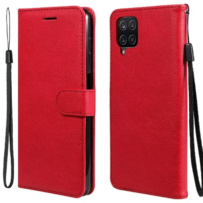 Handyhülle für Samsung Galaxy A12, einfarbig, Leder, mit Geldbörse, Ständer und Riemen – Rot