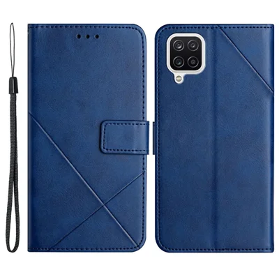 Solid Color Well-protected Wallet Stand Design PU Leather Phone Cover with Strap for Samsung Galaxy A12 - Blue
