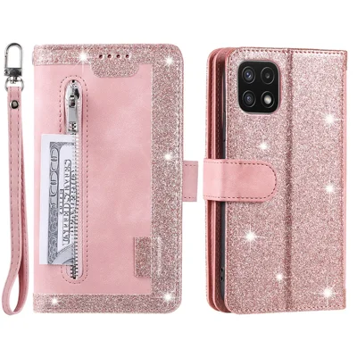 9 Card Slots PU Leather Cell Phone Stand Case Wallet Cover with Strap for Samsung Galaxy A22 5G (EU Version) - Pink