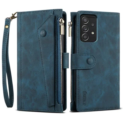 All-round Protection Magnetic Clasp Zippered Wallet Strap Slots Case Phone Case with Stand for Samsung Galaxy A52 4G/A52 5G/A52s 5G - Blue