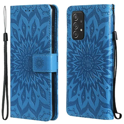 For Samsung Galaxy A52 5G / A52 4G / A52s 5G Phone Case Sunflower Imprinted Leather Wallet Stand Cover with Strap - Blue