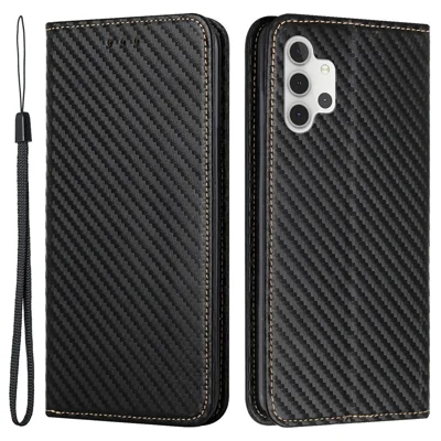 Carbon Fiber Texture Magnetic Closure Leather Cover Stand Case with Strap for Samsung Galaxy A32 5G/M32 5G - Black