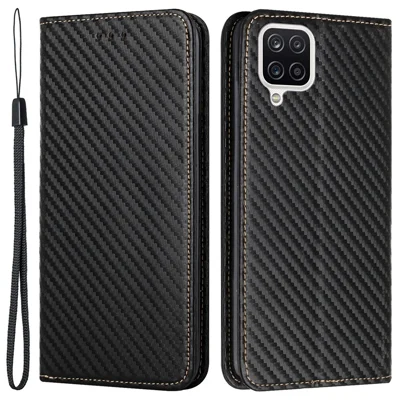 All-round Protection Carbon Fiber Texture Auto-absorbed Leather Phone Cover Case for Samsung Galaxy A12 - Black