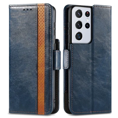 For Samsung Galaxy S21 Ultra 5G Phone Cases CASENEO PU Leather Cover Stand with RFID Blocking Wallet - Dark Blue