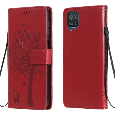 Capa para Telemóvel Samsung Galaxy A12 com Suporte, com Padrão de Gato e Árvore, Tipo Carteira em Pele - Vermelho