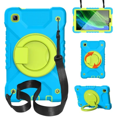 360 Degree Rotation Kickstand PC + Silicone Tablet Case Cover with Shoulder Strap for Samsung Galaxy Tab A7 Lite 8.7-inch - Blue/Grass Green