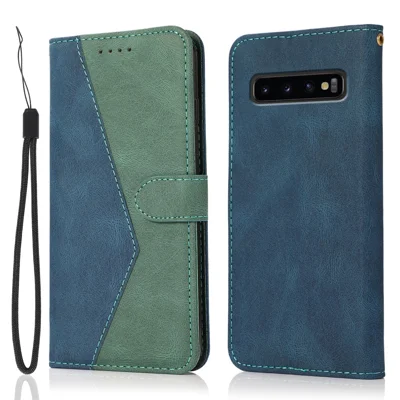 Color Splicing Wallet Stand Leather Phone Cover Case Protector with Lanyard for Samsung Galaxy S10 4G - Blue/Green
