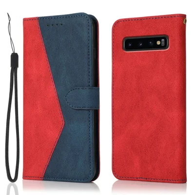 Color Splicing Design Leather Wallet Cell Phone Stand Cover Case with Lanyard for Samsung Galaxy S10 Plus - Red/Blue