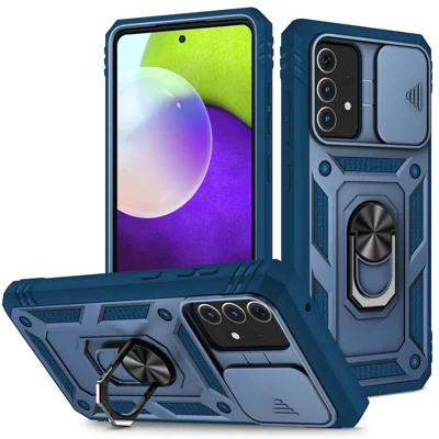 Slide Camera Cover Design Hybrid Phone Case Kickstand Shell with Card Holder for Samsung Galaxy A52s 5G/A52 4G / 5G - Blue