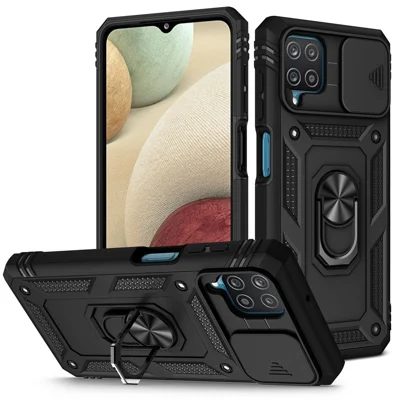 Shockproof PC + TPU Hybrid Kickstand Card Slot Phone Case Shell with Side Camera Cover for Samsung Galaxy A12 - Black