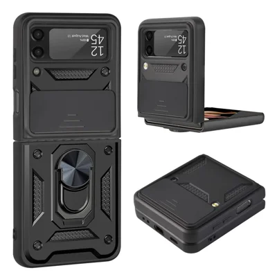 Camera Slide Cover Protective Phone Case Shell with Ring Holder Kickstand for Samsung Galaxy Z Flip3 5G - Black