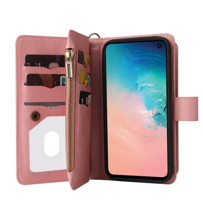 For Samsung Galaxy S10e Zipper Wallet Case with 15 Card Slots and Strap Leather Phone Cover - Pink