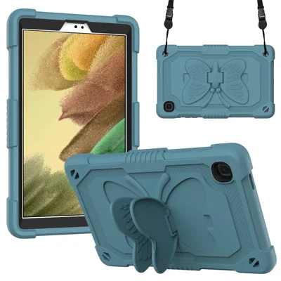 Butterfly Shape Kickstand Solid Color PC + Silicone Tablet Case Protective Shell with Shoulder Strap for Samsung Galaxy Tab A7 Lite 8.7-inch - Blackish Green